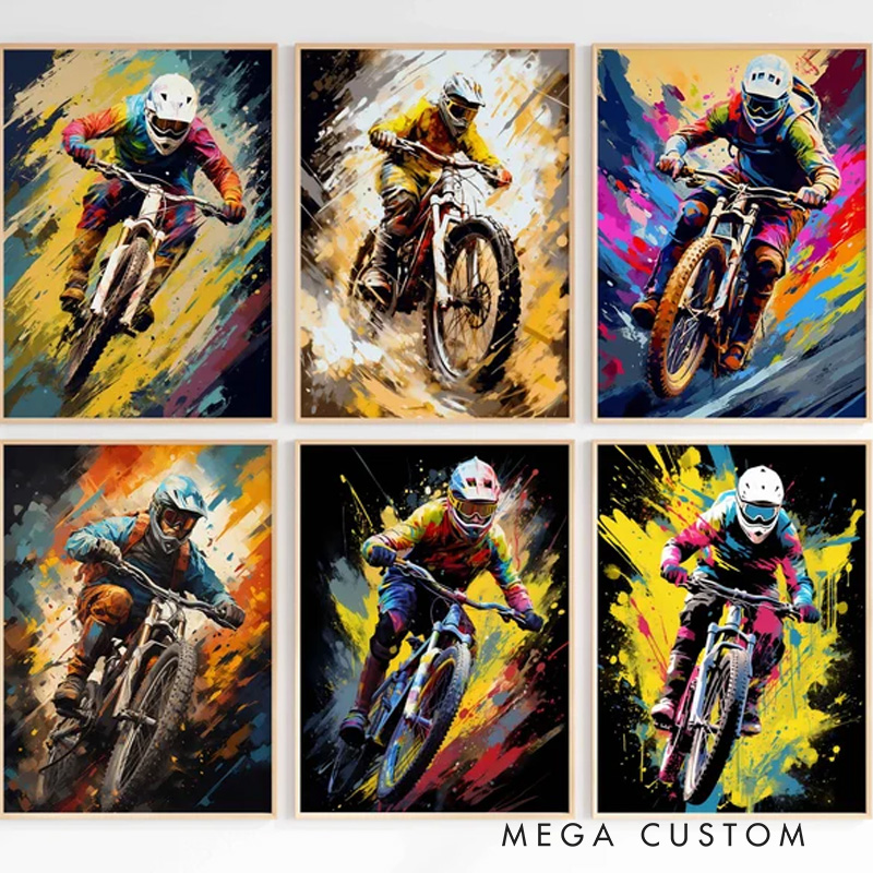 Personalized Photo Mountain Bike Pop Art Prints Cycling Poster MTB Bike Wall Art Sports Printable Bicycle Downhill Sport Boys Room Art Decor