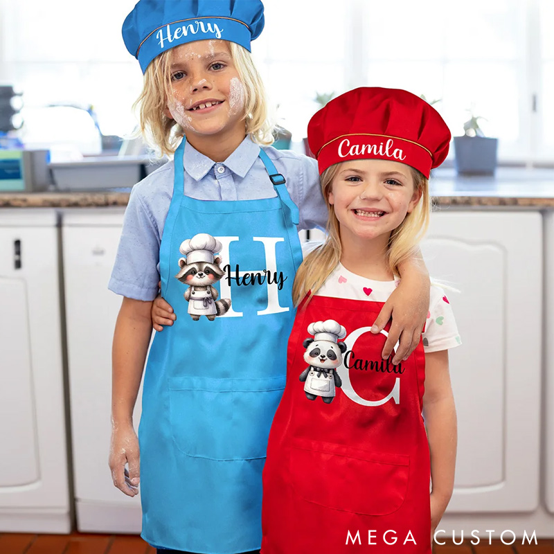 Personalized Lamb Dinosaur Animal Chef Initial Name Adjustable Apron Chef Hat Set with Pocket Cooking Baking Birthday Gift for Kids