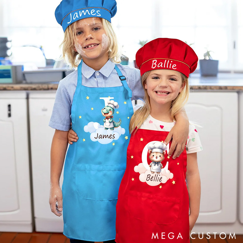 Personalized Cute Forest Animal Panda Elephant Adjustable Kid Apron Chef Hat Set with Name and Initial Handcraft Activities Birthday Gift for Kids
