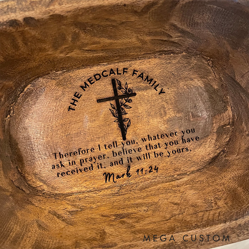 Personalized Bible Verse Cross Prayer Bowl Dough Bowl with Engraved Family Name Home Decor Religious Gift for Christians
