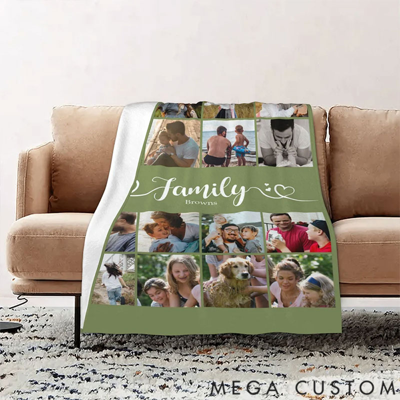 Personalized Multicolor 16 Photos Collage Soft Family Throw Blanket with Name Birthday Christmas Home Decoration Gift for Family