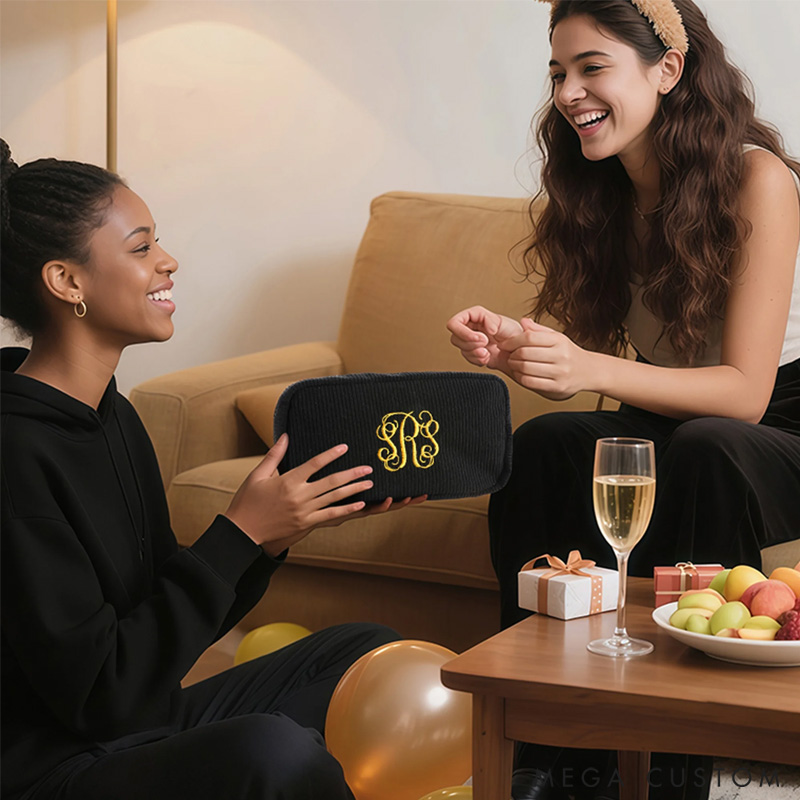 Personalized Multicolor Corduroy Travel Makeup Toiletry Bag with Embroidered Name Daily Use Gift for Women