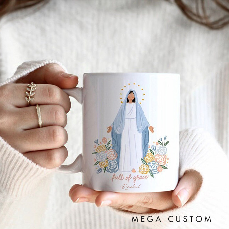 Personalized Full of Grace Virgin Mary Ceramic Mug with Floral Accents Catholic Religious Gift Birthday Gift for Women and Girls 