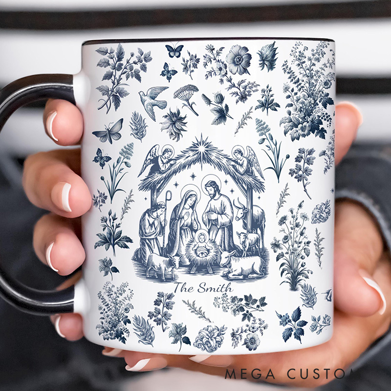 Personalized Nativity Scene Toile Ceramic Mug with Name Religious Inspirational Gift Christmas Gift for Christians