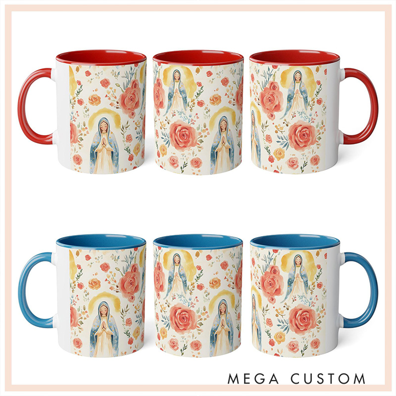 Personalized Rose Virgin Mary Ceramic Mug with Name Religious Inspirational Gift Catholic Gift for Christians