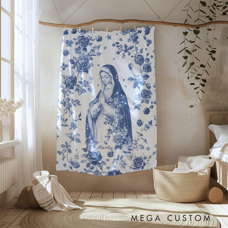 Personalized Virgin Mary Soft Throw Blanket with Name Home Decor Religious Gift Catholic Gift for Women