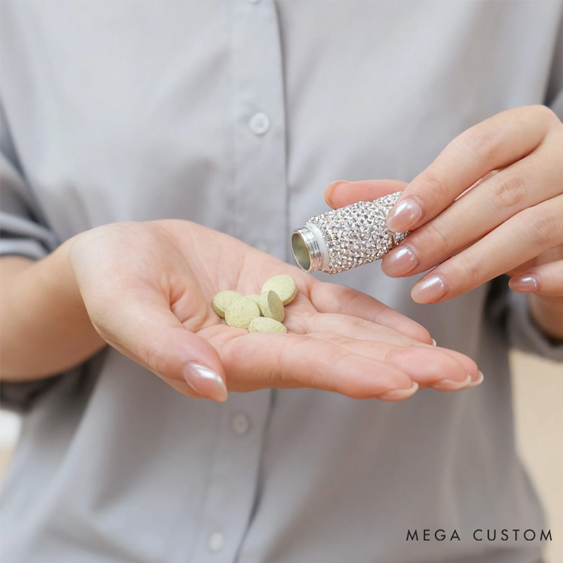 Personalized Glitter Rhinestone Capsule Shape Pill Storage Keychain with Initial Travel Use Birthday Gift for Women Medication Users