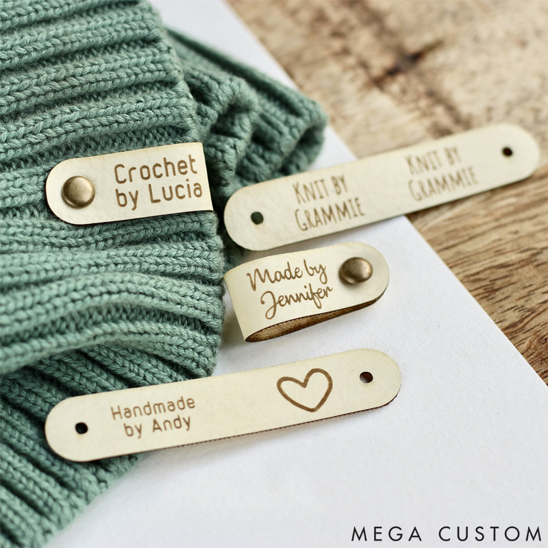 Personalized Set of 10 Faux Leather Labels for Knitted Handmade or Crochet with Custom Name and Snaps Gift for Knitting Crocheting Lovers