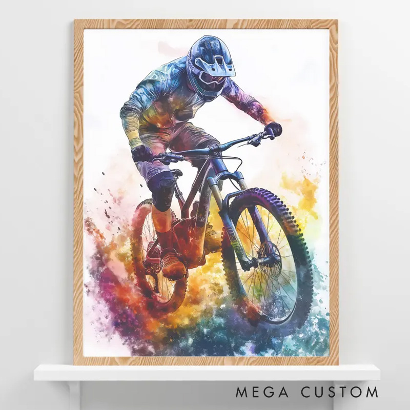 Personalized Photo Colorful Mountain Bike Wall Art Cycling Portrait Painting Cyclist Gift Idea Cycling Present