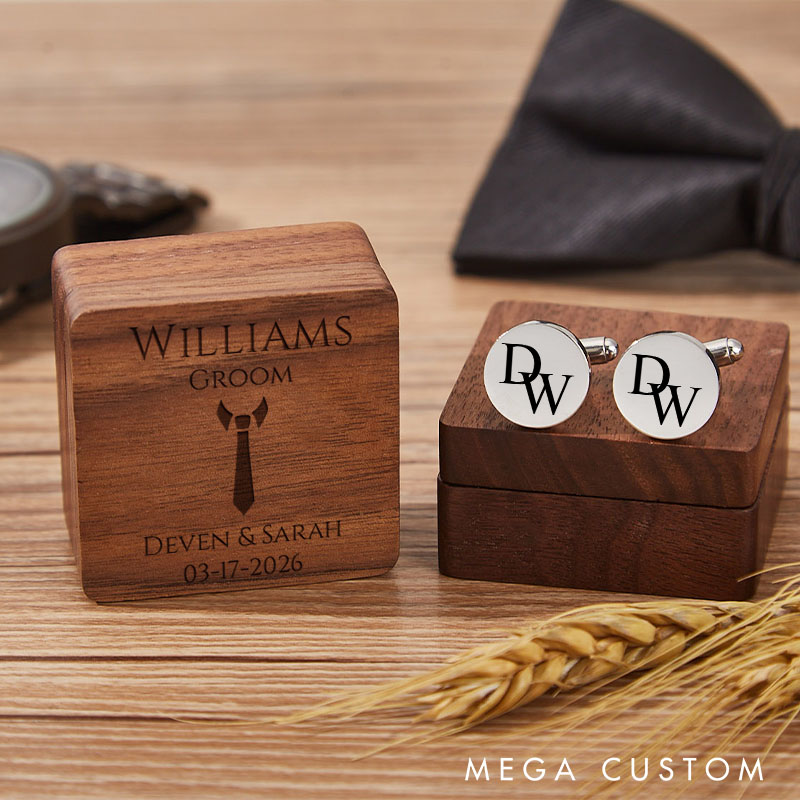Personalized Wooden Cufflink Box Set Groomsman Proposal Cufflinks Box Set with Cuff Link Elegant Wedding Party Favors Cufflinks for Men Best Man Gift