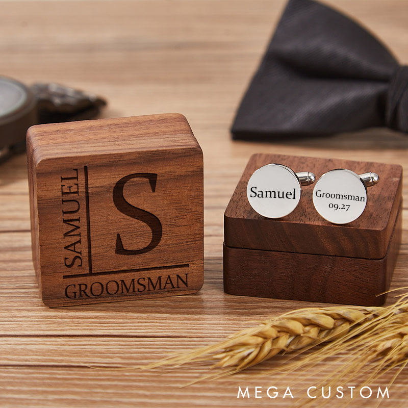 Personalized Wooden Cufflink Box Set Groomsmen Monogrammed Wedding Party Gift Cufflink Box Bachelor Party Favors Gift for Men
