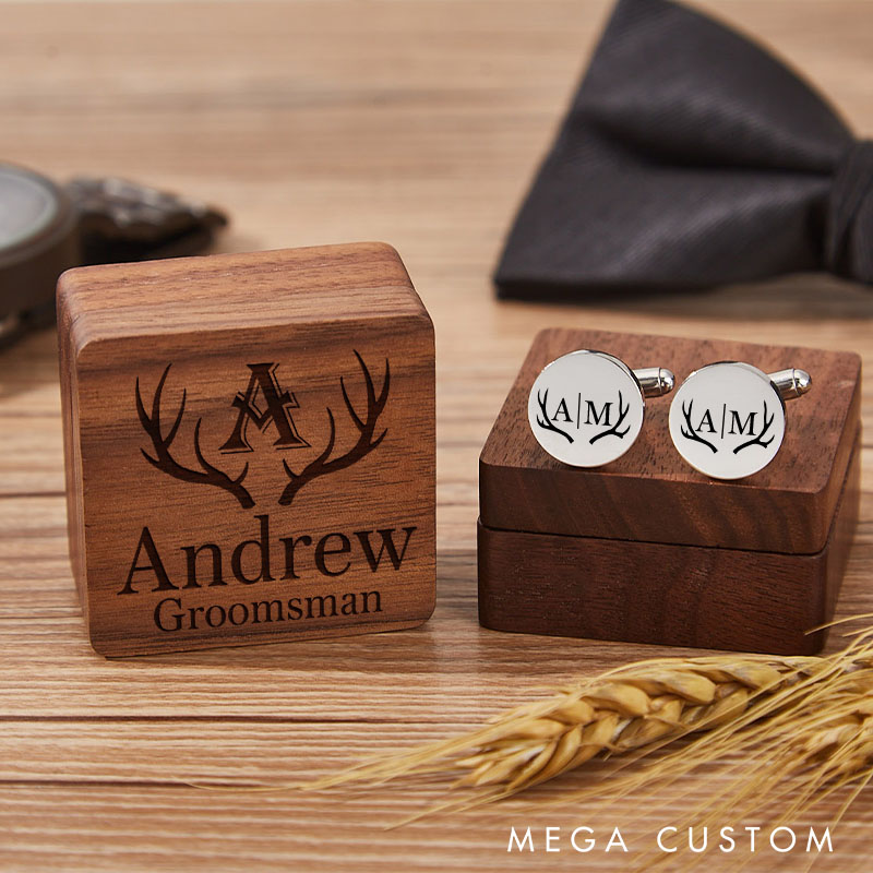 Personalized Groomsmen Cufflink Box Set Wooden Cufflink Box with Cufflinks Rustic Antler Design Cufflinks Wedding Party Gift for Groom Best Man