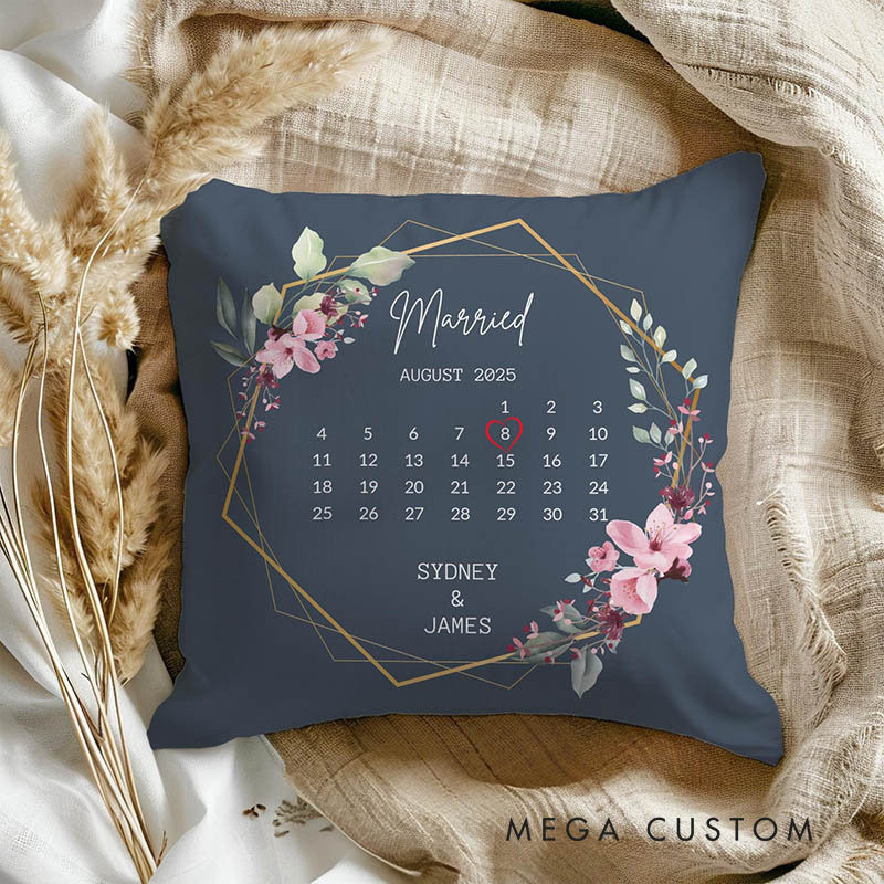 Personalized Couple Floral Married Calendar Pillow with Name Custom Newlyweds Wedding Date Pillow Engagement Pillow for Husband Wife Anniversary Gift