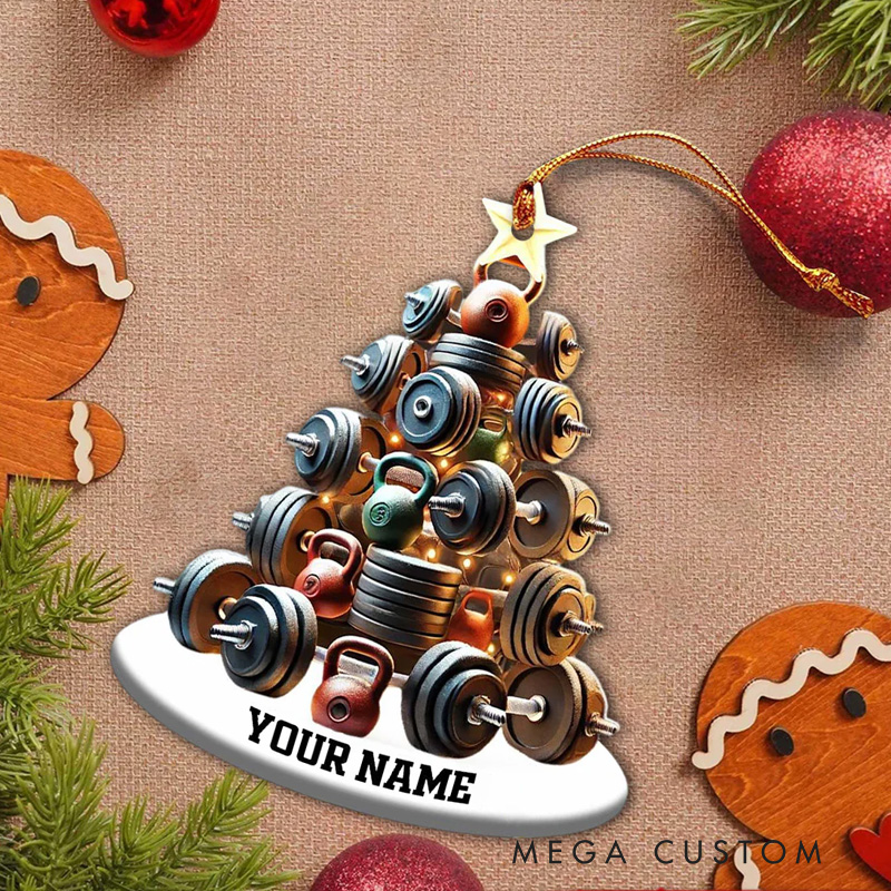Personalized Dumbbell and Kettlebell Tree Christmas Ornament Gift for Gym Lover