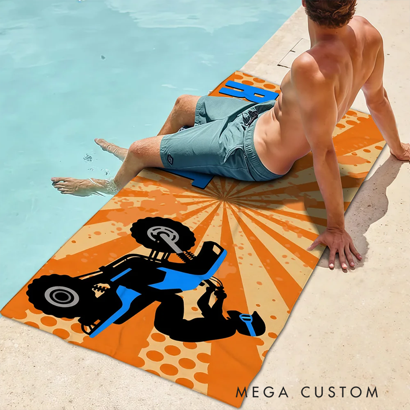 Personalized Extreme Sports Beach Towel with Name Custom Rectangular Thick Cotton Towel Gift for Motorcyclist and Racing Lovers