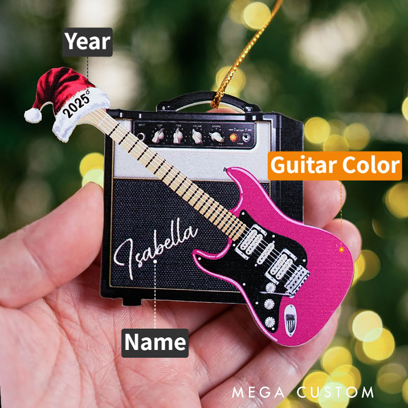 Personalized 3D Effect Retro Guitar Amp Santa Hat Ornament with Name and Year Holiday Decor Christmas Gift for Guitarists Guitar Lovers
