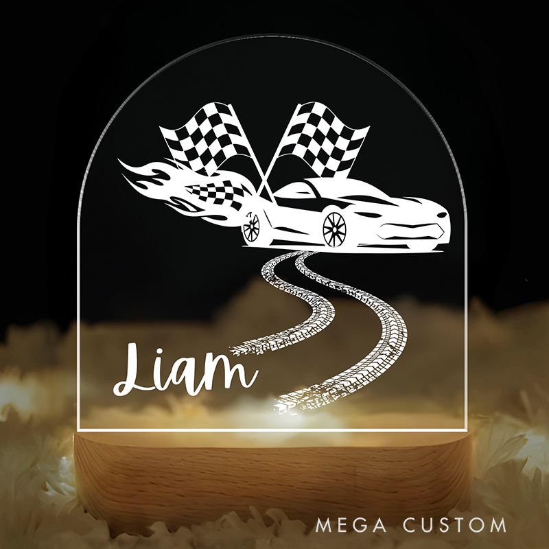 Personalized Night Light Custom LED Lamp with Check Flag Racing Car Design Unique Gift for Racers and Racing Lovers