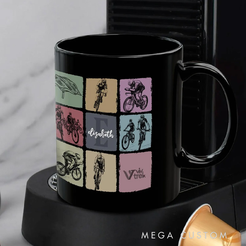 Personalized Cycling Custom Name Initial Mug Coffee Cup Gift for Cyclist Biker Drinkware Bicycle Lover Gift Sports Fitness Enthusiast Mug