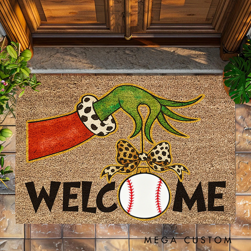 Personalized Grinch Themed Welcome Doormat with Soccer and Bow Design 