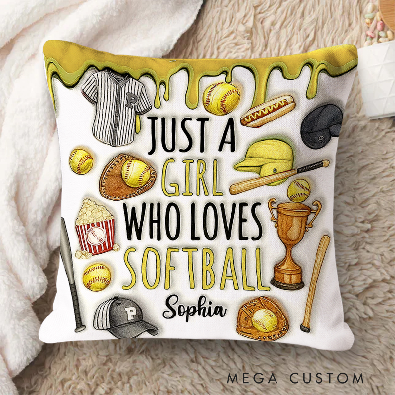 Personalized "Just a Girl Who Loves Softball" Throw Pillow with Sports Icons and Custom Name for Softball Enthusiasts   