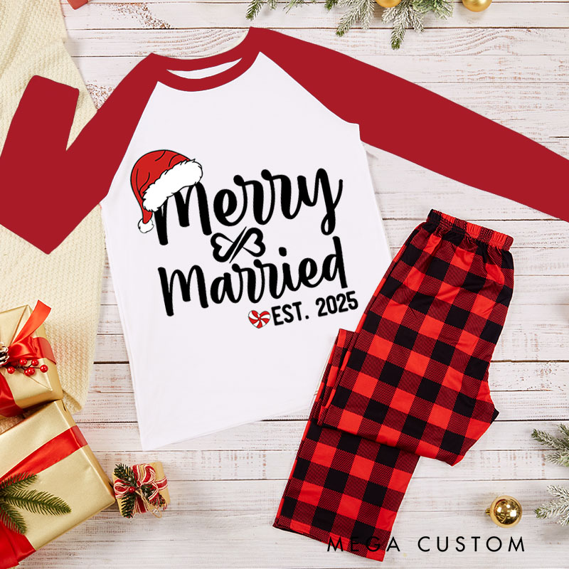 Personalized Couple Married and Merry with Santa Hat First Christmas Pajamas Custom Newlyweds Wedding First Christmas Matching Pjs for Husband Wife