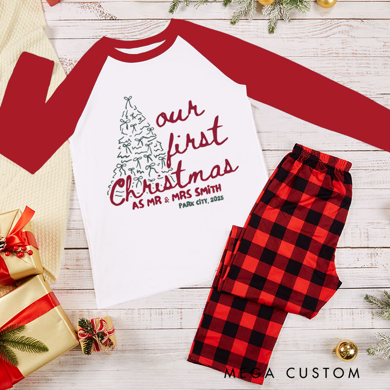 Personalized Couple Our First Christmas as Mr and Mrs Pajamas Custom Newlyweds Bow Christmas Tree Pjs Wedding Christmas Matching Pjs for Husband Wife