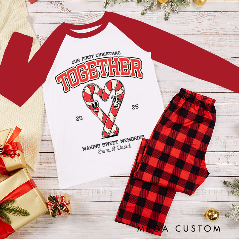 Personalized Couple Our First Christmas Making Sweet Memories Pajamas Custom Newlyweds Wedding Heart Candy Canes Xmas Matching Pjs for Husband Wife