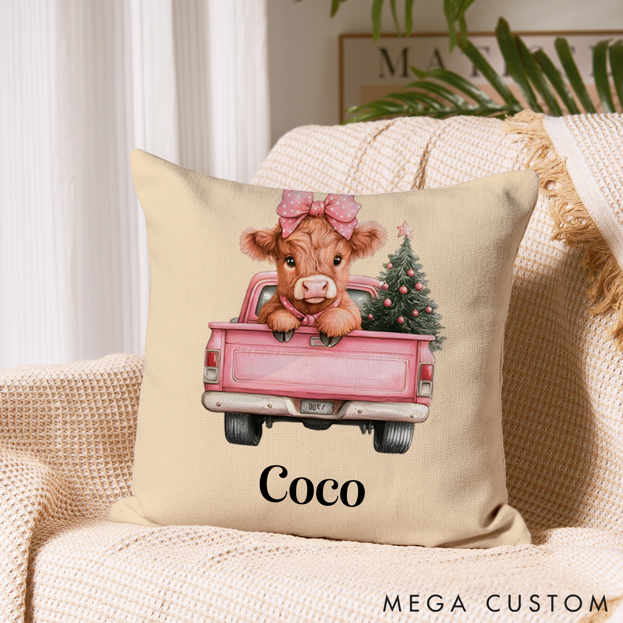 Personalized Pet Lover Pink Christmas Highland Cow Throw Pillows