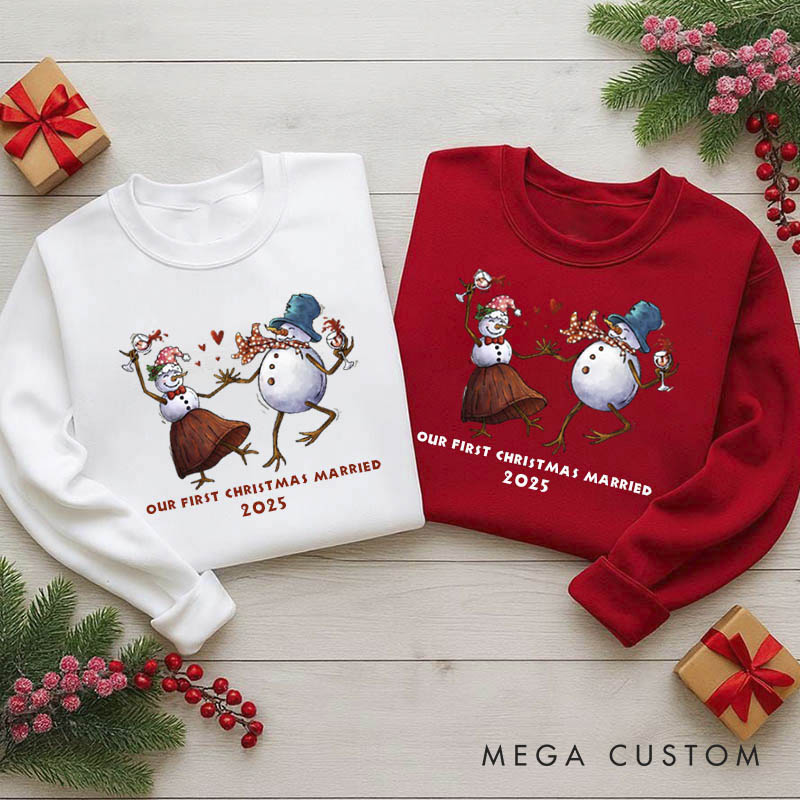 Personalized Our first Christmas Married Crewneck for Newlywed Couple Snowman Design Christmas Sweatshirt Couple Holiday Outfit