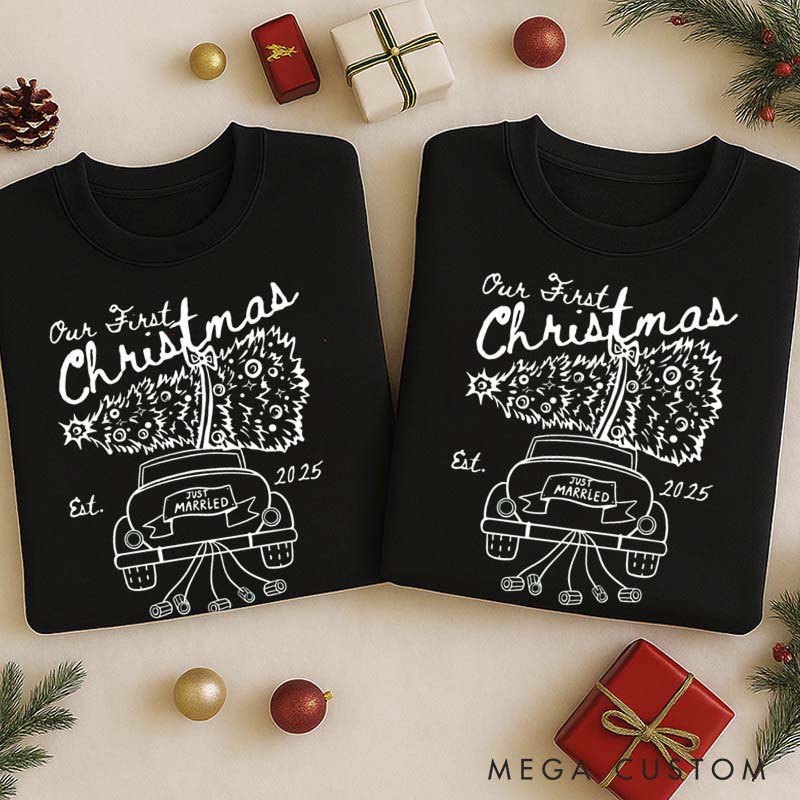 Personalized Our First Christmas Sweatshirt Crewneck for Newlywed Couple Car Design Holiday Couple Matching Outfit Gift