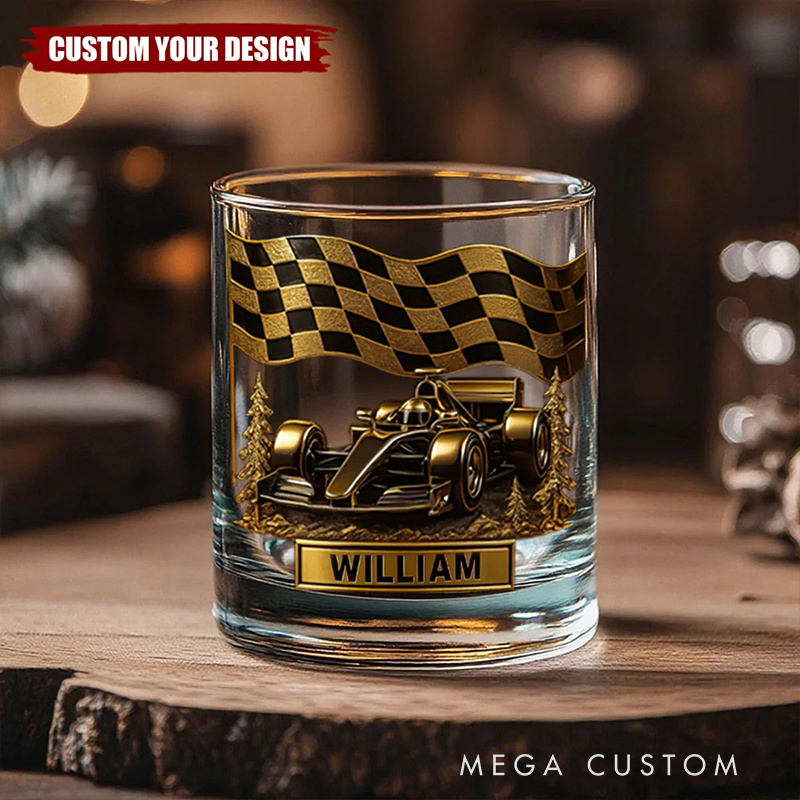 Personalized Racing Car Whiskey Glass Custom Name Design Rock Tumbler Gift for Racers and Racing Lovers
