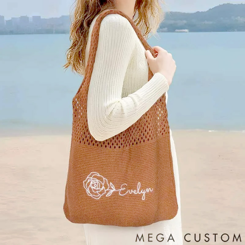 Personalized Retro Embroidered Birth Flower Crochet Mesh Tote Bag with Name Summer Beach Travel Birthday Gift for Women