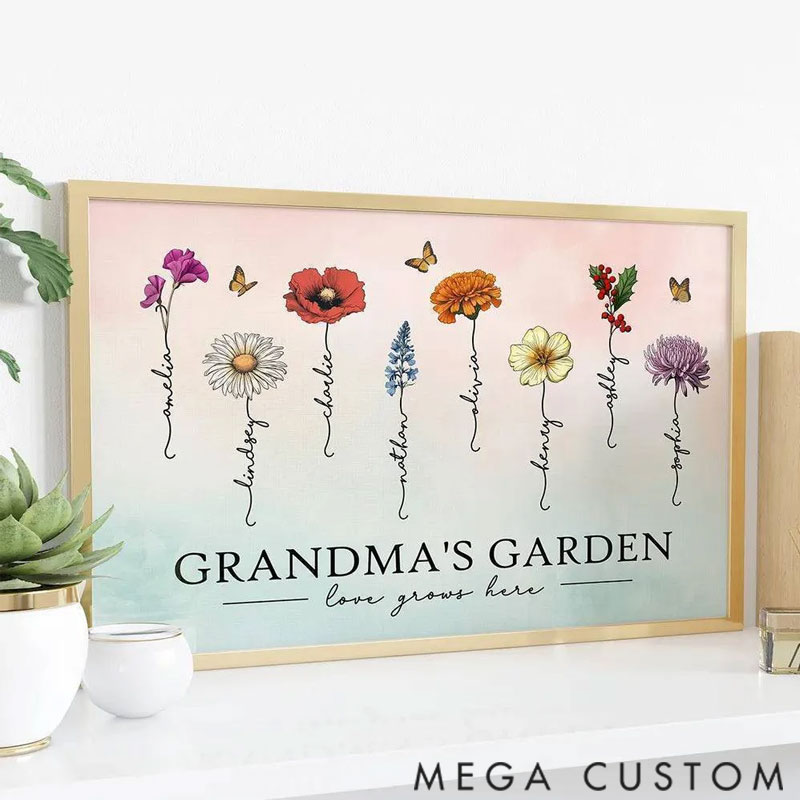 Personalized Grandma's Garden Love Grows Here Beautiful Birth Month Flower Gift For Grandma Mom Personalized Poster 