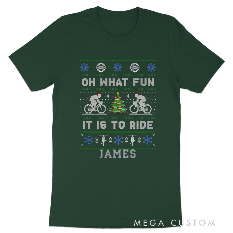 Personalized Classic Tshirt Funny Christmas Cycling Shirt Oh What Fun It Is To Ride Bicycle Ugly Christmas Sweater Style Tee
