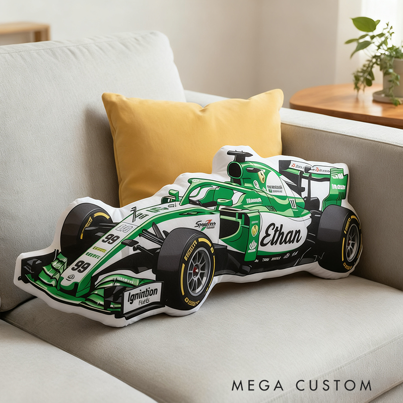 Personalized Race Car Shaped Throw Pillow Custom Name and Color Decorative Cushion Gift for Car Lovers and Racers