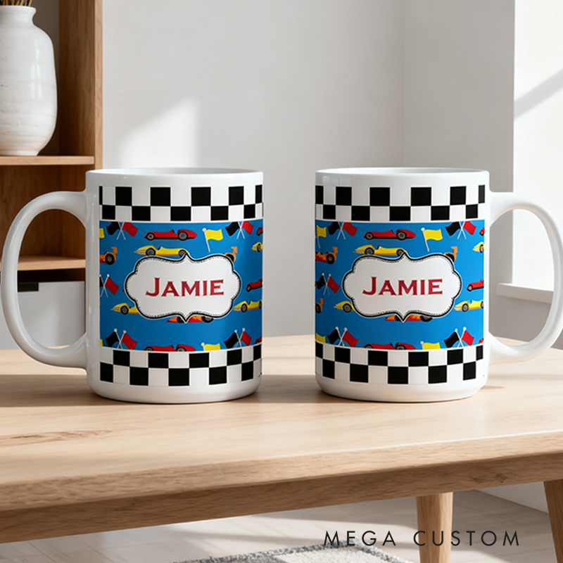 Personalized Ceramic Mug with Racing Car and Check Flag Design Gift for Racer and Racing Lovers