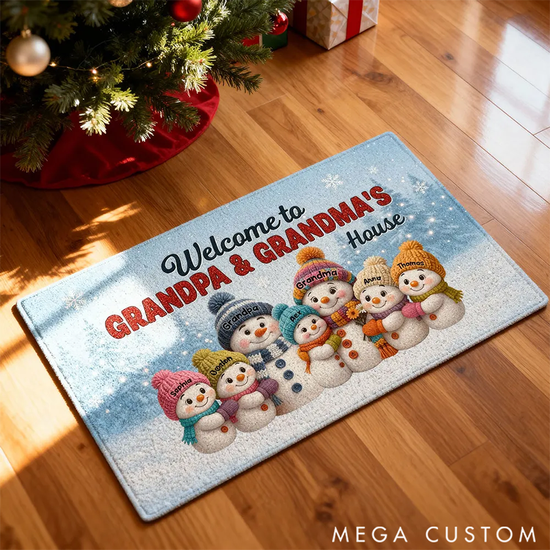 Personalized Christmas Grandma Grandpa Grandkids Snowman Together Doormat