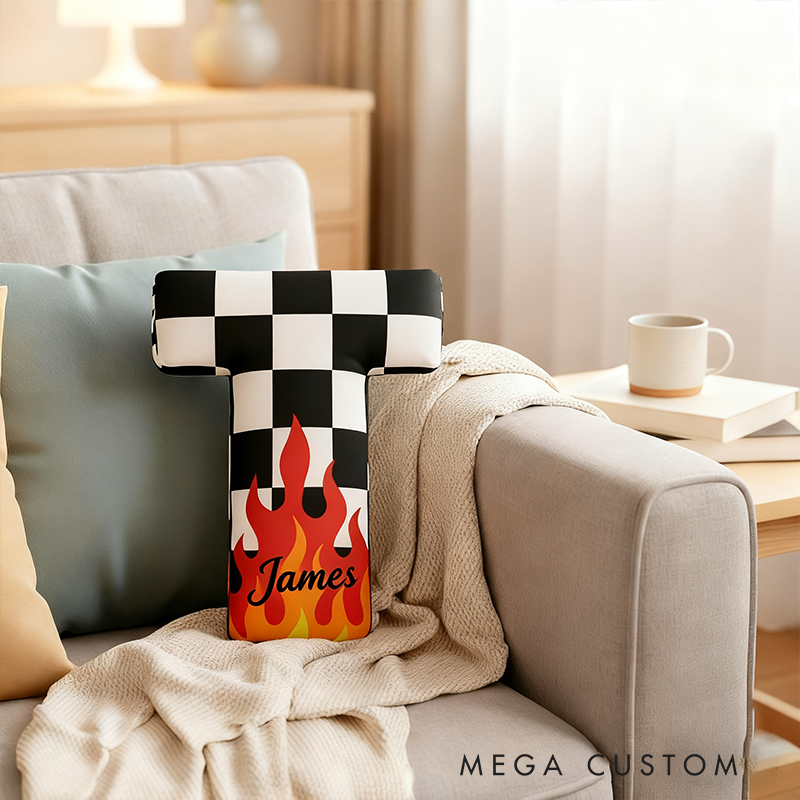 Personalized Racing Letter Throw Pillow Custom Name Checkered and Flame Design Cushion Gift for Racers and Racing Lovers