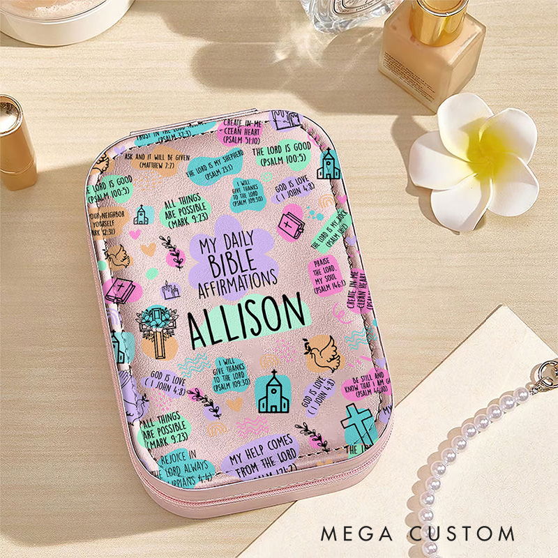 Personalized Daily Bible Affirmation Custom Name Leather Jewelry Box with LED Makeup Mirror Religious Gift for Women