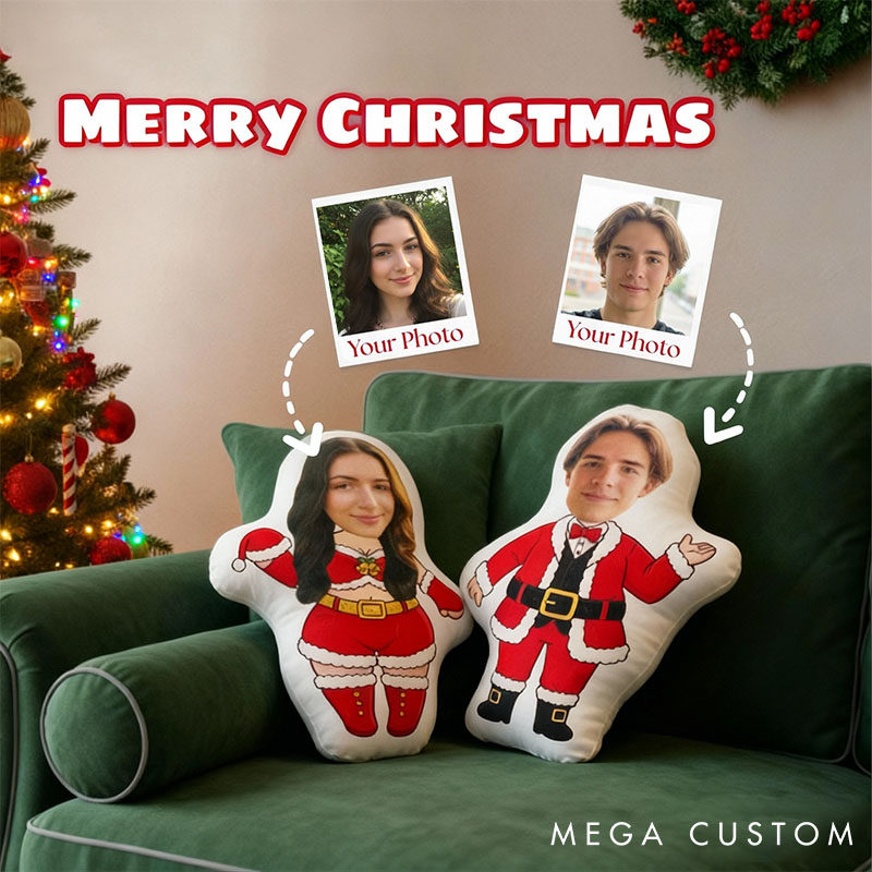 Personalized Couple Face Photo Pillow Custom Elf Doll Face Pillow Christmas Couple Cushion for Her Birthday Gift for Him