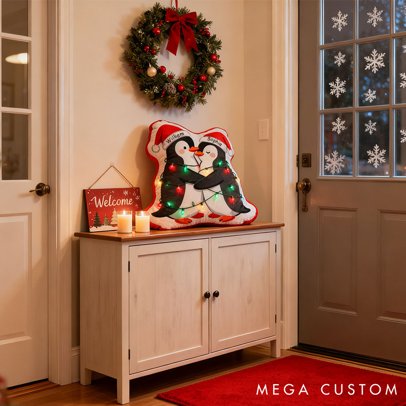 Personalized Couple Christmas Penguin Pillow Custom Christmas Decor Pillow Penguin Pillow for Couple Xmas Gift Decor for Husband Wife