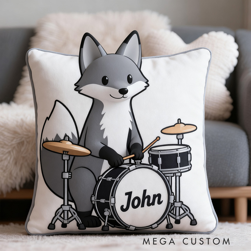 Personalized 3D Gray Fox & Mini Drum Set Pillow With Your Own Name Soft Stuffed Toy for Kids Unique Decorative Cushion for Boys' Room and Playroom