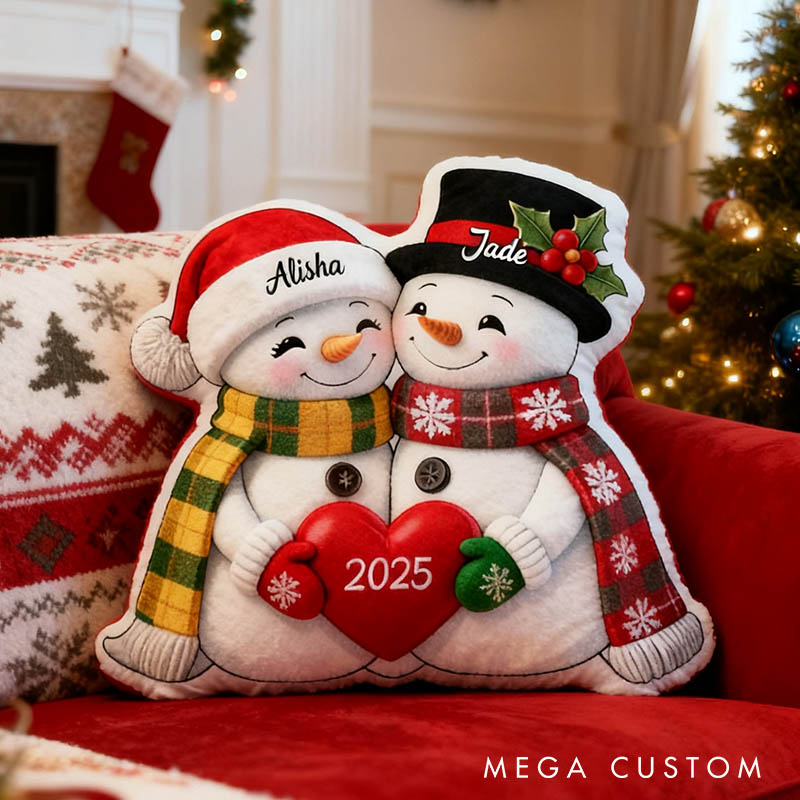 Personalized Couple Snowman Pillow Newlyweds Name Doll Cushion Valentine's Day Pillow for Husband Wife First Christmas Gift for Boyfriend Girlfriend
