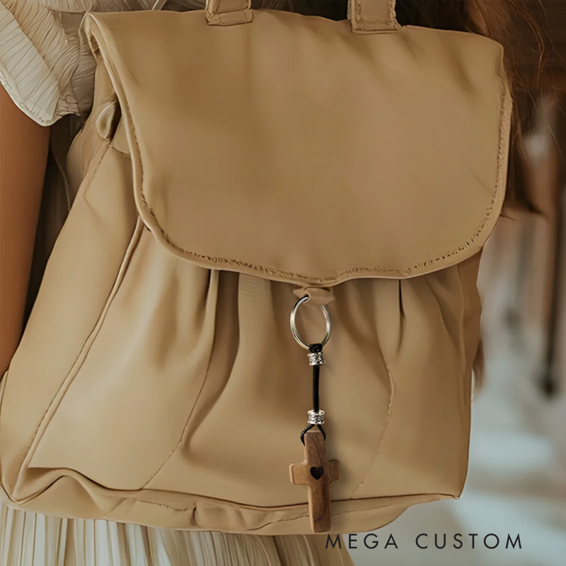 Personalized Wooden Cross Heart Keychain with Birthflower and Name Engraving Religious Gift Birthday Gift for Christians