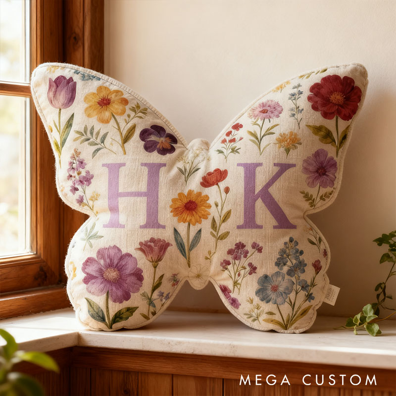 Personalized Couple Butterfly Floral Pillow Newlyweds Initials Cushion Valentine's Day Pillow for Husband Wife Christmas Gift for Boyfriend Girlfriend