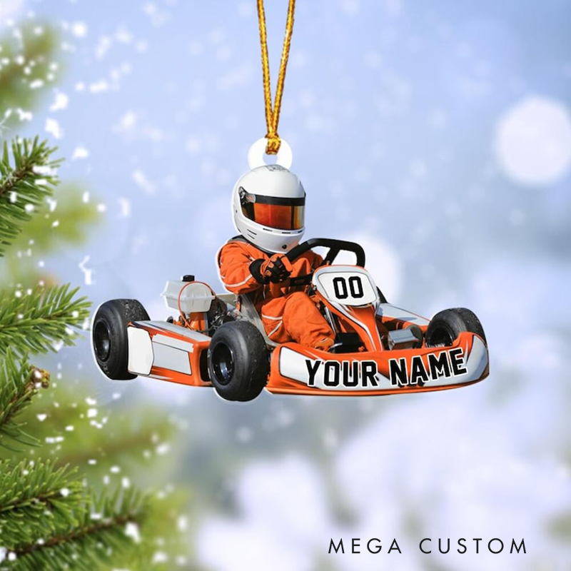 Personalized Go Kart Racing Ornament Custom Name and Number Christmas Acrylic Decoration Gift for Race Car and Kart Lovers