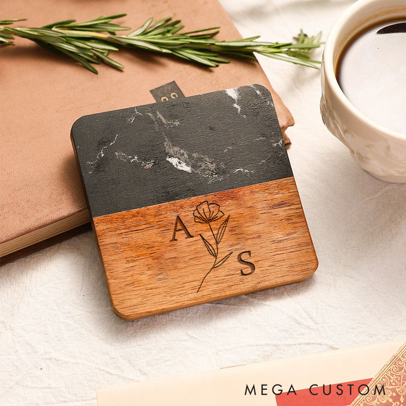Personalized Wooden and Marble Coasters Custom Wedding Gift Coasters Engraved Wood Anniversary Gift Coaster for Couple Engagement Valentines Gift