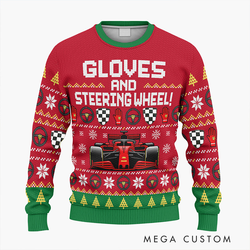 Personalized Christmas Ugly Sweater Racing Car Design Custom Text Sweater Gift for Racers and Racing Lovers