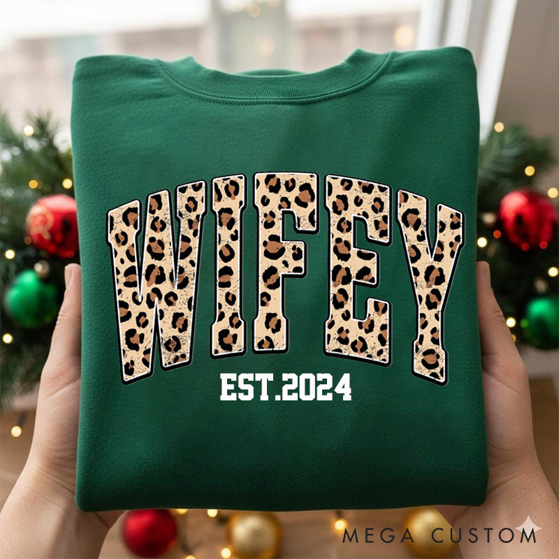 Personalized Wifey Sweatshirt Custom Leopard Print Sweatshirt With Design On Sleeve Anniversary Gift For Wife 