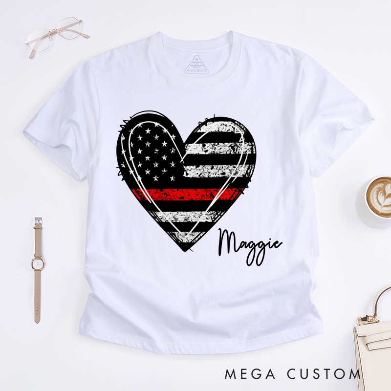Personalized Firefighter Thin Red Line Heart Design Gift for Female Firefighter Fireman Wife Girlfriend T-Shirt